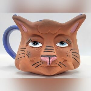 Vtg Terracotta Blue Eyed Cat Face Mug Large Purrfect For Coffee Tea Blue Glazed